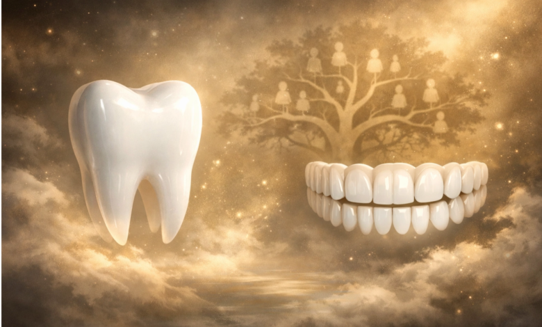 صورة تعبيرية لفم مفتوح تظهر فيه أسنان بيضاء مرتبة، ترمز إلى تفسير حلم الأسنان في المنام ودلالاته المختلفة بين الخير والفقدان والرزق.