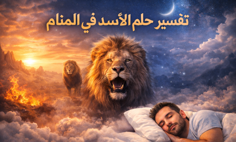 صورة تعبيرية عن حلم الأسد في المنام، يظهر فيها أسد قوي يزأر في مشهد خيالي مع شخص نائم، ترمز إلى القوة والهيبة والخوف في تفسير الأحلام.