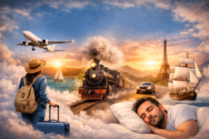صورة تعبيرية عن حلم السفر في المنام، تظهر طائرة وقطارًا وسفينة وسيارة مع حقيبة سفر وشخص نائم، ترمز إلى تفسير رؤية السفر ودلالاته في الحلم.