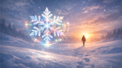 صورة تعبيرية لثلج أبيض يتساقط بهدوء فوق منظر طبيعي شتوي، ترمز إلى تفسير حلم الثلج في المنام ودلالاته بين الخير والبرودة العاطفية.