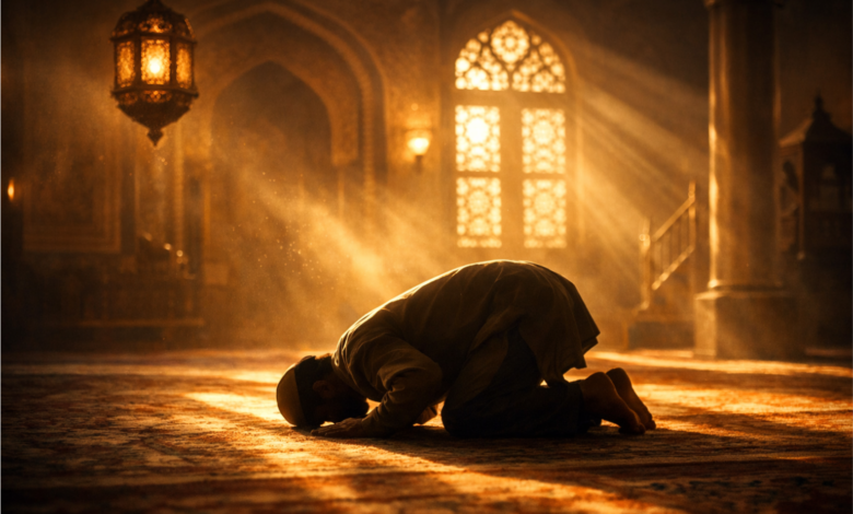 صورة تعبيرية لشخص يصلي بخشوع تحت ضوء هادئ في أجواء روحانية، ترمز إلى تفسير حلم الصلاة في المنام ودلالاته على الخير والتوبة والطمأنينة.