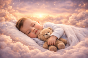 صورة تعبيرية عن حلم الطفل الرضيع في المنام، يظهر فيها طفل صغير نائم وسط الغيوم يحمل دمية، ترمز إلى البراءة والبدايات الجديدة والخير في تفسير الأحلام.