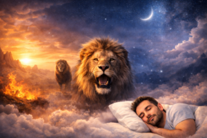 أسد في المنام بجانب شخص نائم في مشهد يرمز لتفسير حلم الأسد ودلالاته.