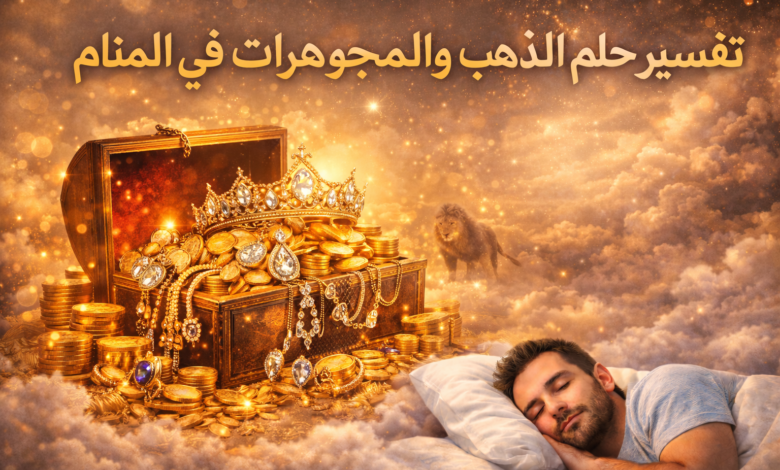 صورة تعبيرية عن حلم الذهب والمجوهرات في المنام، يظهر فيها صندوق كنز مليء بالذهب والحلي وشخص نائم في مشهد خيالي يرمز إلى الرزق والثروة في تفسير الأحلام.