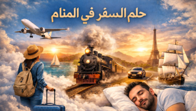 صورة تعبيرية عن حلم السفر في المنام، تظهر طائرة وقطارًا وسفينة وسيارة مع حقيبة سفر وشخص نائم، ترمز إلى تفسير رؤية السفر ودلالاته في الحلم.