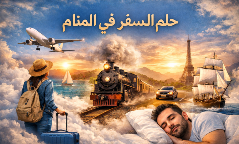 صورة تعبيرية عن حلم السفر في المنام، تظهر طائرة وقطارًا وسفينة وسيارة مع حقيبة سفر وشخص نائم، ترمز إلى تفسير رؤية السفر ودلالاته في الحلم.