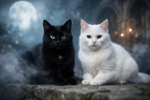 صورة تعبيرية لقط أسود وقط أبيض في أجواء غامضة تحت ضوء القمر