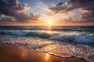 مشهد للبحر والأمواج يعبر عن رؤية البحر في المنام ومعانيه المختلفة في تفسير الأحلام.