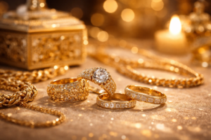 مشهد لمجوهرات ذهبية يعبر عن رؤية الذهب في المنام ومعانيه المختلفة في تفسير الأحلام.