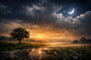 صورة لمطر يتساقط على الطبيعة ترمز إلى تفسير حلم المطر في المنام ودلالاته في علم تفسير الأحلام.
