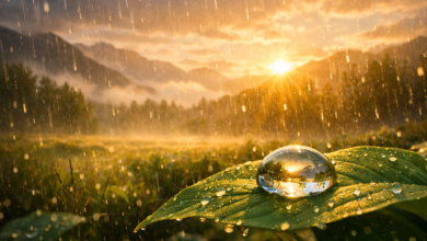 مشهد طبيعي أثناء هطول المطر يعبر عن رؤية المطر في المنام وتفسير حلم المطر ومعانيه المختلفة.