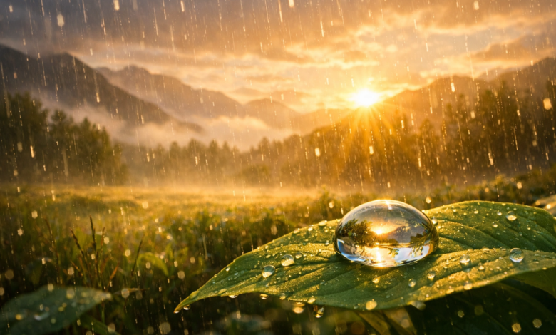 مشهد طبيعي أثناء هطول المطر يعبر عن رؤية المطر في المنام وتفسير حلم المطر ومعانيه المختلفة.